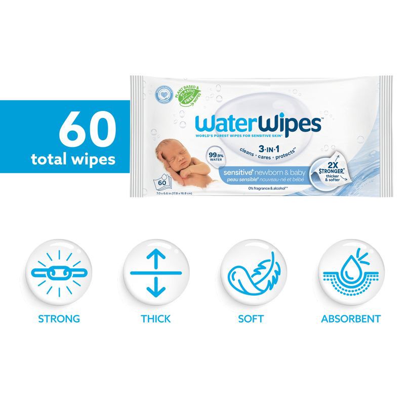 slide 3 of 12, WaterWipes Sensitive+ Newborn & Baby Wipes, 3-In-1 Cleans, Cares, Protects, 99.9% Water, Unscented & Hypoallergenic - 60ct, 60 ct