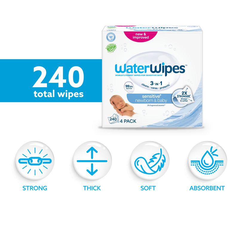 slide 3 of 14, WaterWipes Sensitive+ Newborn & Baby Wipes, 3-In-1 Cleans, Cares, Protects, 99.9% Water, Unscented & Hypoallergenic - 240ct, 240 ct