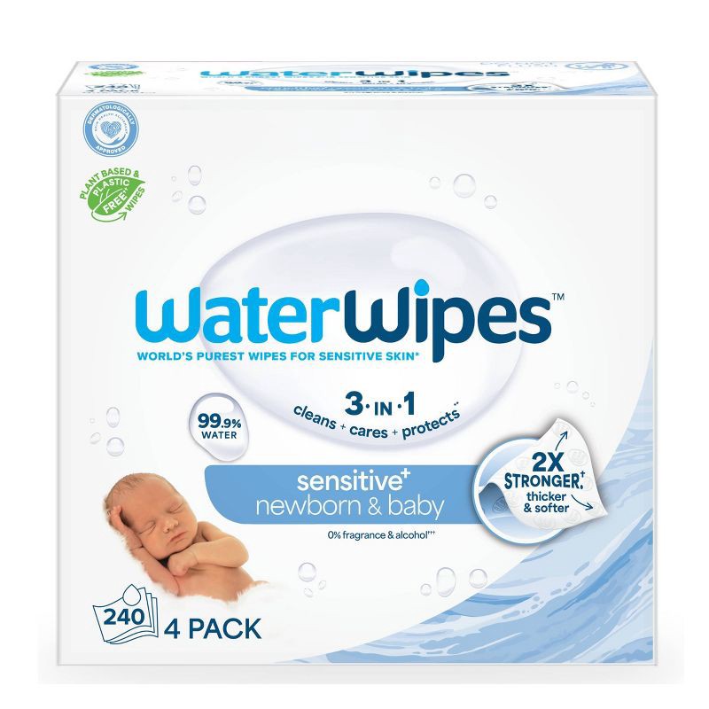 slide 1 of 12, WaterWipes Sensitive+ Newborn & Baby Wipes, 3-In-1 Cleans, Cares, Protects, 99.9% Water, Unscented & Hypoallergenic - 240ct: Latex-Free, Vegan, 240 ct
