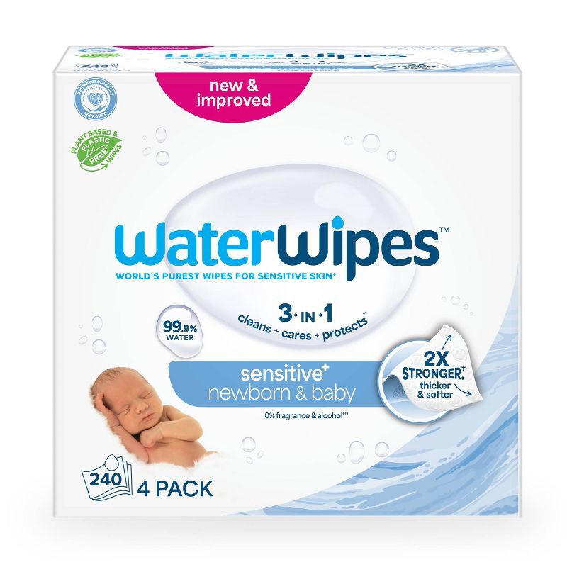 slide 1 of 12, WaterWipes Sensitive+ Newborn & Baby Wipes, 3-In-1 Cleans, Cares, Protects, 99.9% Water, Unscented & Hypoallergenic - 240ct: Latex-Free, Vegan, 240 ct