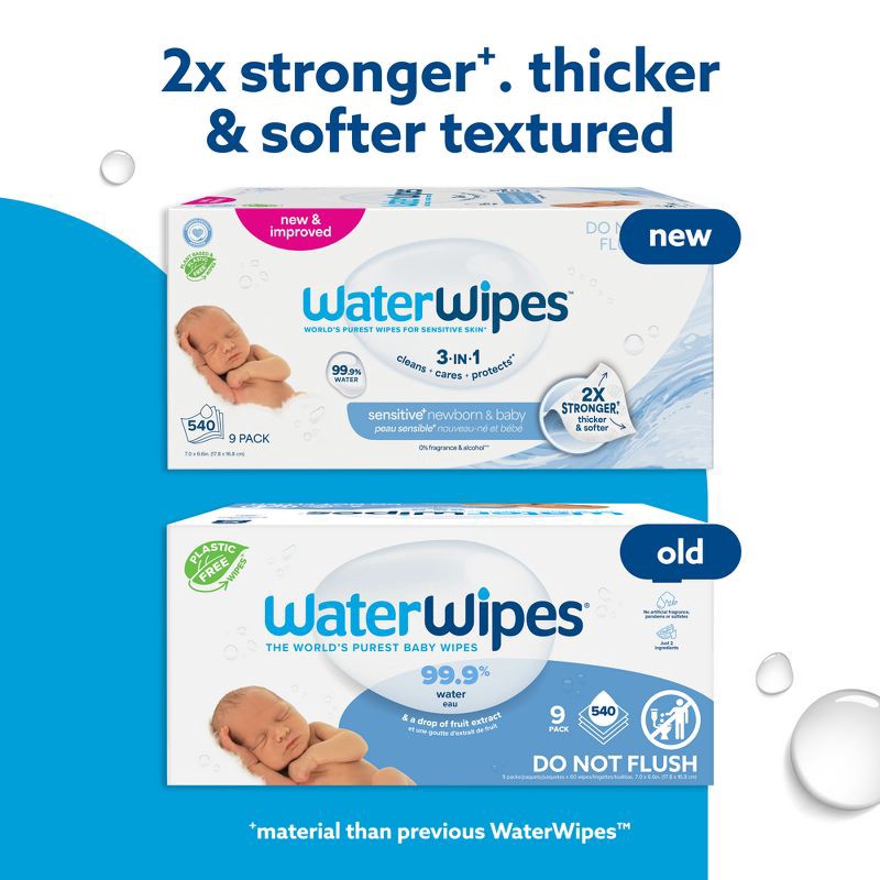 slide 2 of 12, WaterWipes Sensitive+ Newborn & Baby Wipes, 3-In-1 Cleans, Cares, Protects, 99.9% Water, Unscented & Hypoallergenic - 540ct, 540 ct