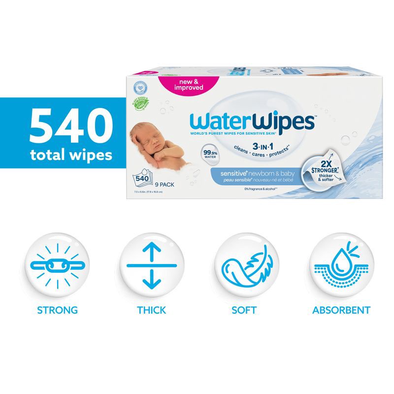 slide 3 of 12, WaterWipes Sensitive+ Newborn & Baby Wipes, 3-In-1 Cleans, Cares, Protects, 99.9% Water, Unscented & Hypoallergenic - 540ct, 540 ct