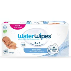 WaterWipes Sensitive+ Newborn & Baby Wipes, 3-In-1 Cleans, Cares, Protects, 99.9% Water, Unscented & Hypoallergenic - 540ct