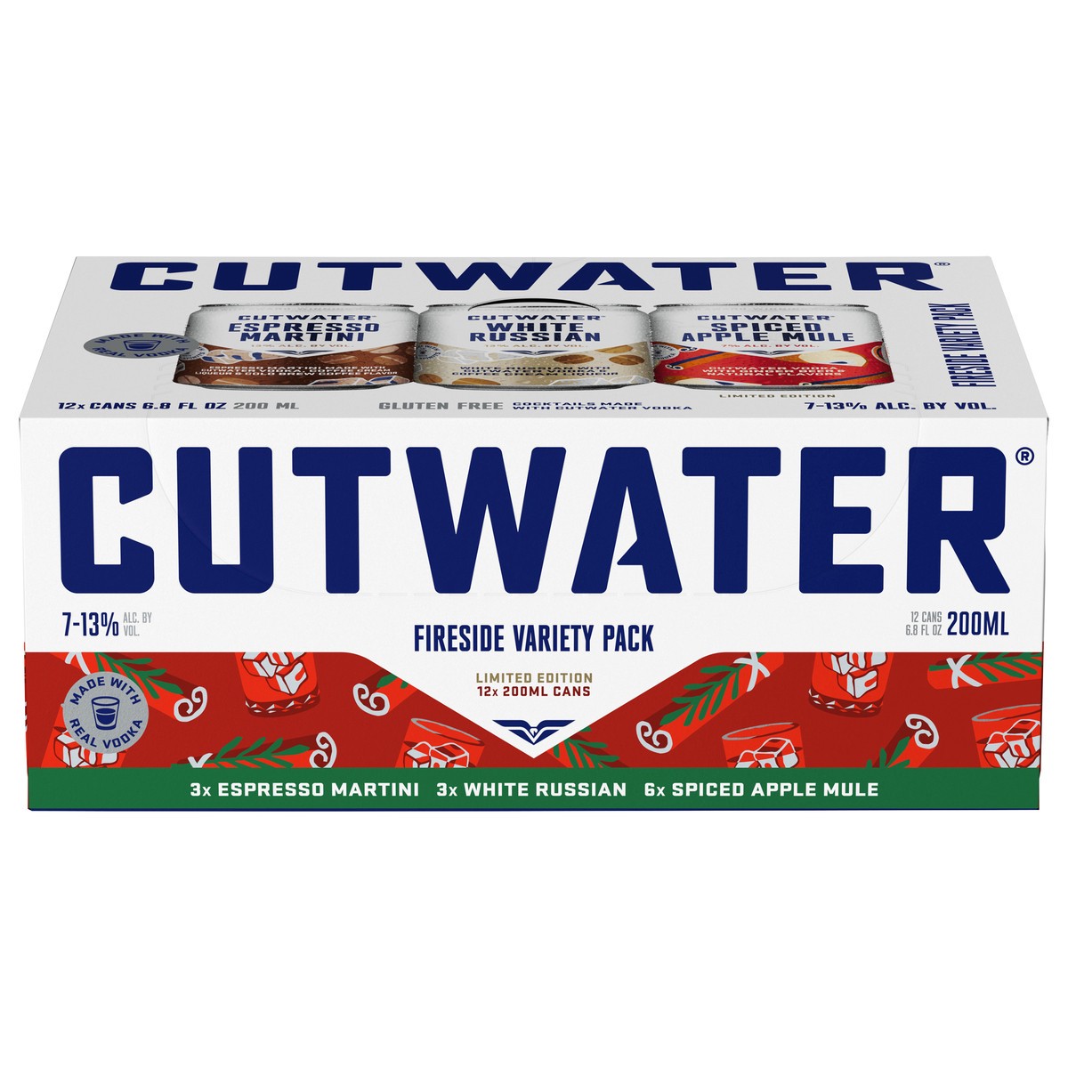 slide 1 of 12, Cutwater Spirits Spirits Fireside Variety Pack Espresso Martini/ White Russian/ Spiced Apple Mule Vodka 12 - 6.8 fl oz Cans, 81.6 fl. oz