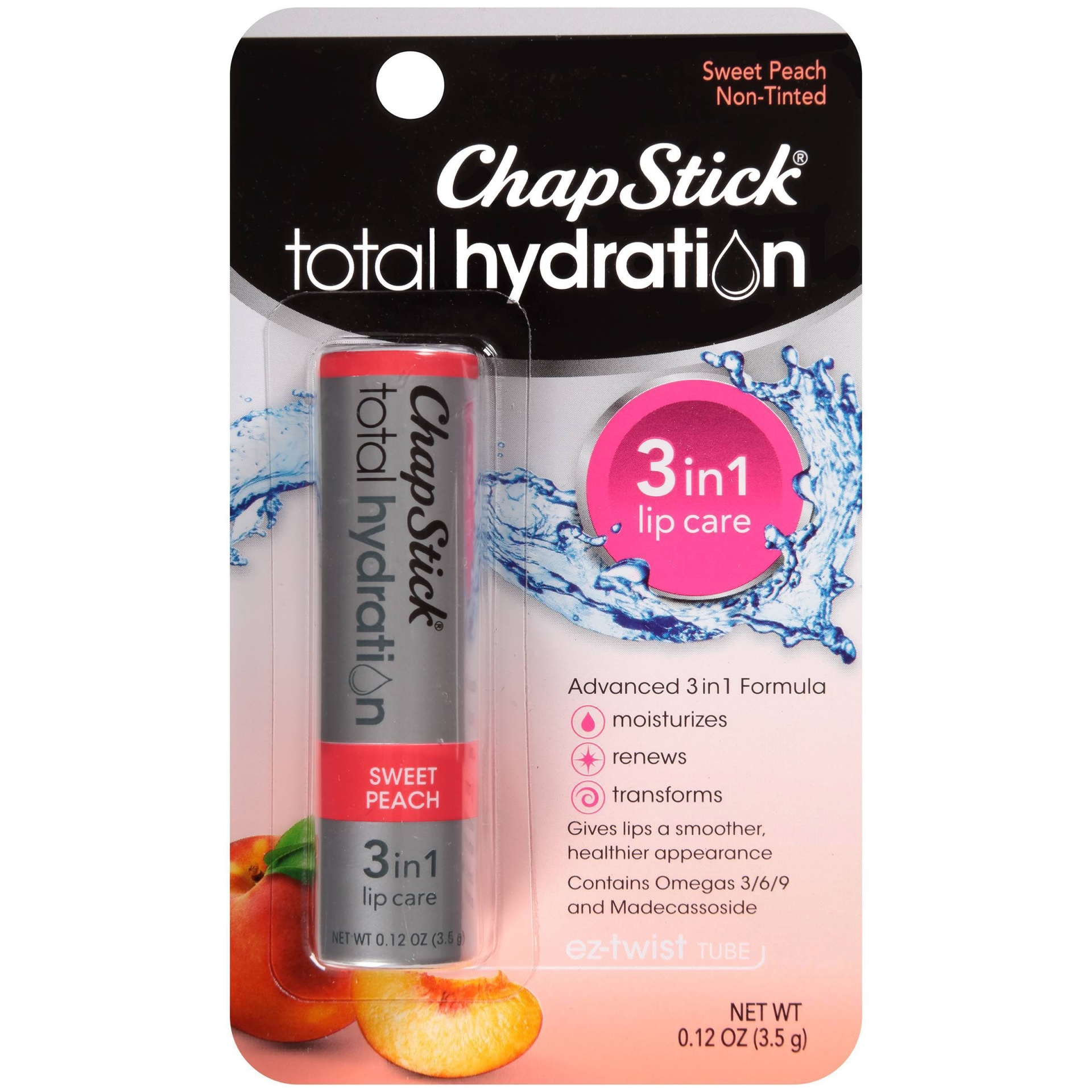 slide 1 of 7, ChapStick Total Hydration 3 in 1 Sweet Peach Lip Balm, 0.1 oz