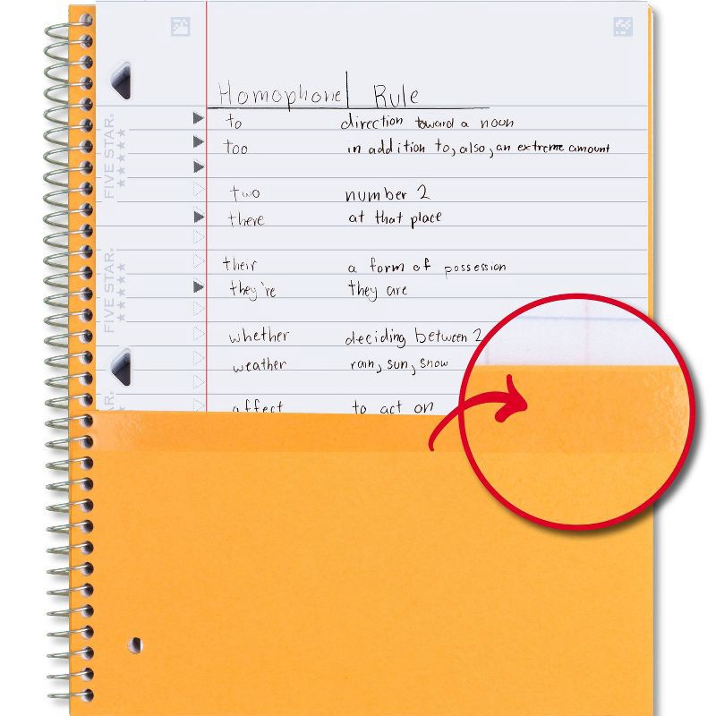 slide 4 of 9, Five Star 200pg 5 Subjects Wide Ruled Spiral Notebook (Colors May Vary): Multi Subject, Perforated Pages, Flexible Cover, 1 ct