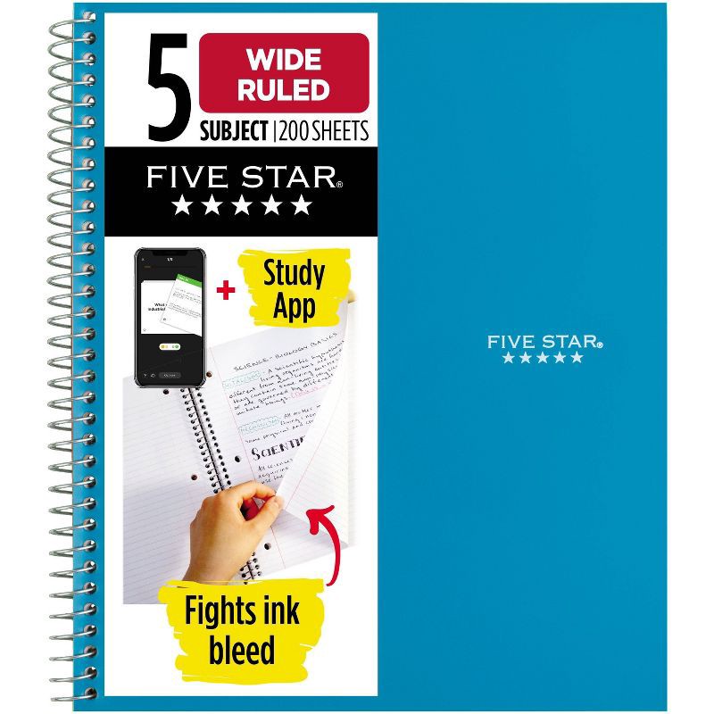 slide 1 of 9, Five Star 200pg 5 Subjects Wide Ruled Spiral Notebook (Colors May Vary): Multi Subject, Perforated Pages, Flexible Cover, 1 ct