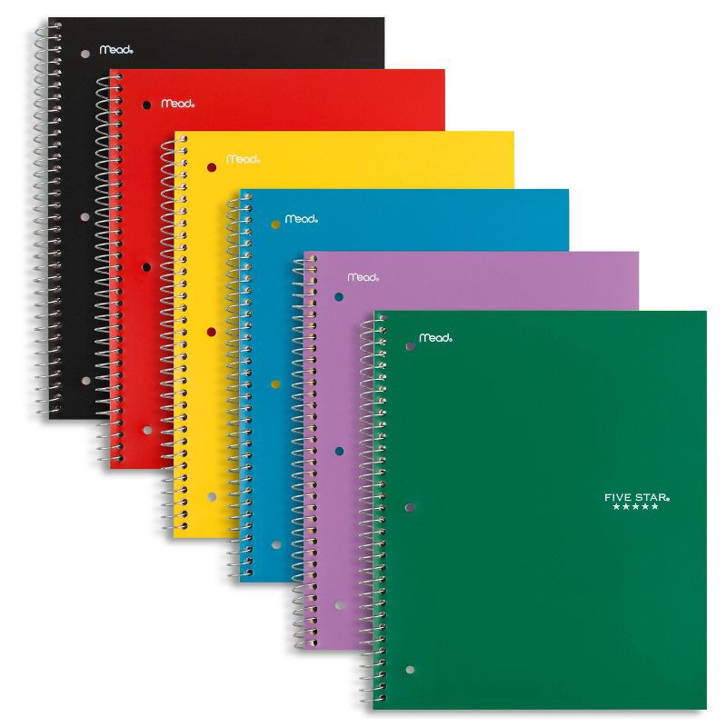 slide 9 of 9, Five Star 200pg 5 Subjects Wide Ruled Spiral Notebook (Colors May Vary): Multi Subject, Perforated Pages, Flexible Cover, 1 ct