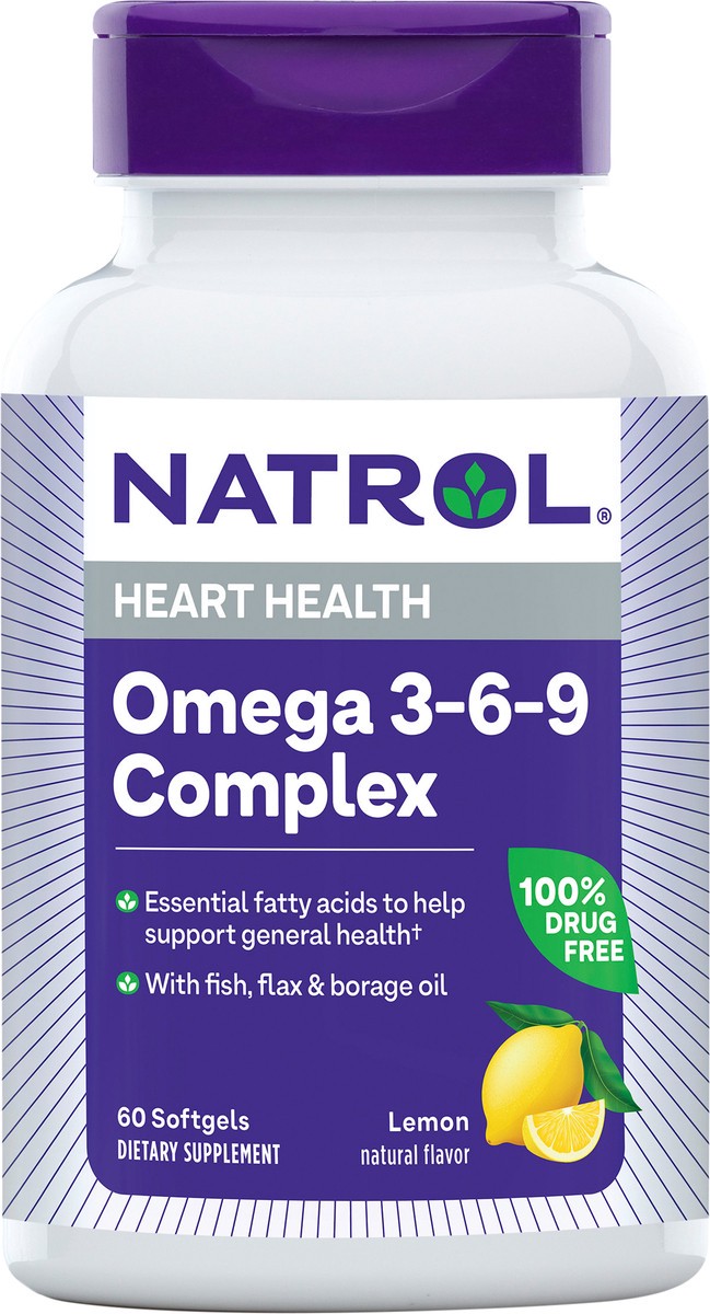slide 5 of 7, Natrol, Omega 3-6-9 Complex Softgels, Heart Health Dietary Supplement, 1200 mg, 60 Count, 60 ct