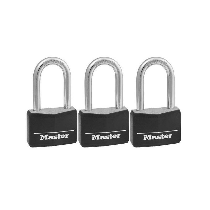 slide 2 of 3, Master Lock 3pk 40mm Covered Brass Key Lock Set Black: Padlocks with Keys for Storage & Hall Lockers, Double-Locking Lever, 3 ct