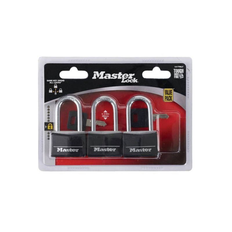 slide 3 of 3, Master Lock 3pk 40mm Covered Brass Key Lock Set Black: Padlocks with Keys for Storage & Hall Lockers, Double-Locking Lever, 3 ct