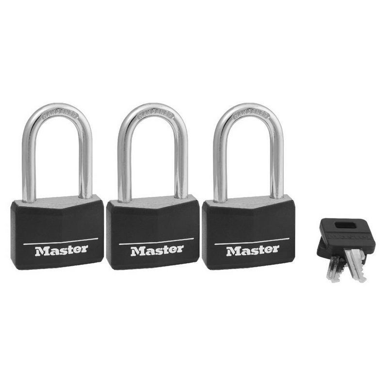 slide 1 of 3, Master Lock 3pk 40mm Covered Brass Key Lock Set Black: Padlocks with Keys for Storage & Hall Lockers, Double-Locking Lever, 3 ct