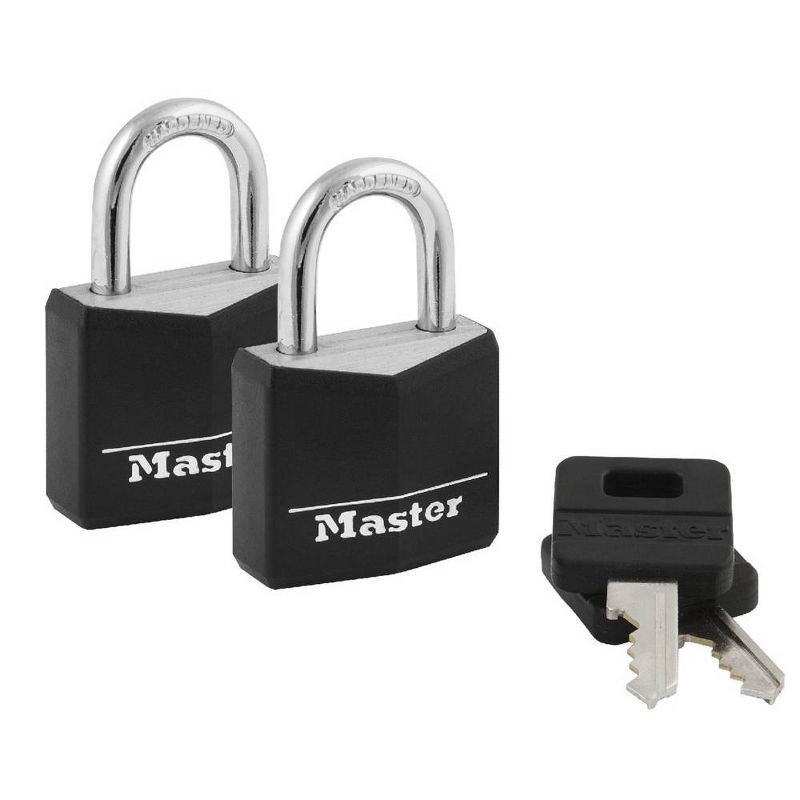 slide 1 of 3, Master Lock 2pk 30mm Key Lock Black: Laminated Steel Padlocks for Storage & Hall Lockers, Double-Locking Lever Mechanism, 2 ct