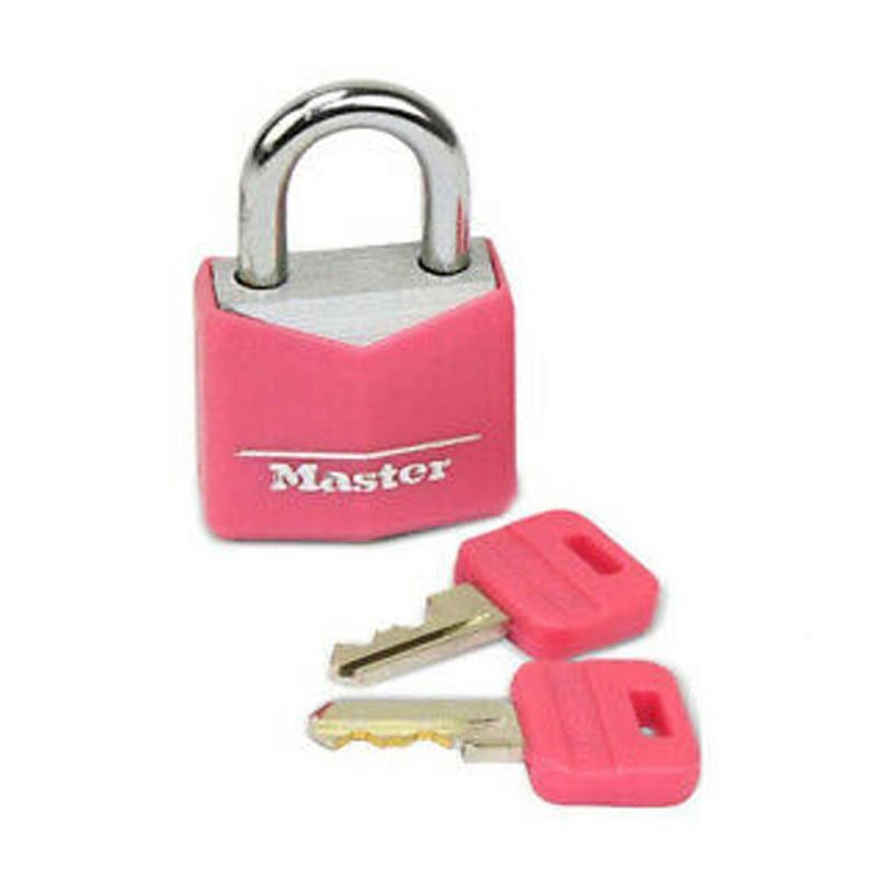 slide 3 of 3, Master Lock 40mm Keyed Lock Pink: Padlock for Lockers, Backpack, Tool Box, Cabinet, Hardened Steel, Pin-Tumbler Mechanism, 1 ct