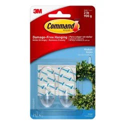 Command Medium Sized Decorative Hooks Clear: Adhesive Hooks for Wreaths, Outdoor Use, 2 Pack, 2 lb Capacity