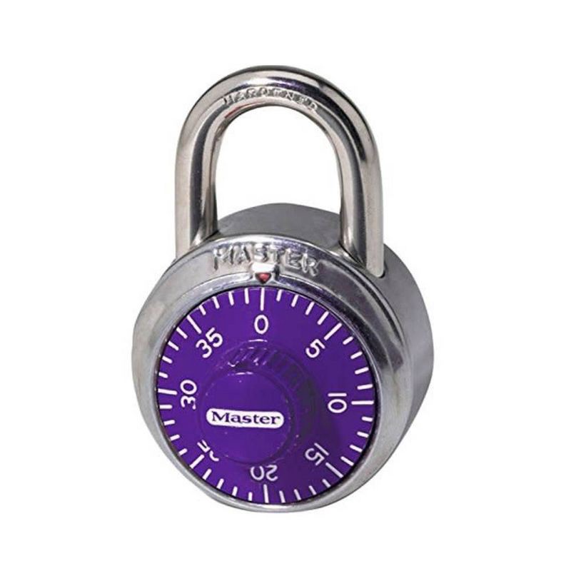 slide 1 of 3, Master Lock 1-7/8" Purple Dial Combination Padlock: Steel, Automatic Locking, Locker & Cabinet Use, Lifetime Warranty, 1 ct