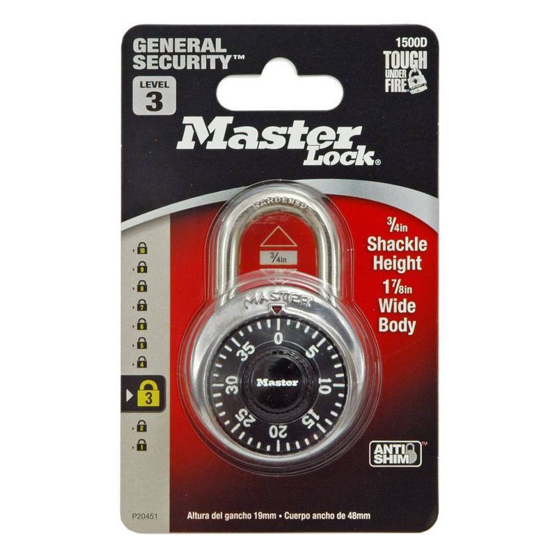 slide 4 of 4, Master Lock 1-7/8" Black Dial Combination Padlock: Silver, Pin-Tumbler, Locker Lock, Automatic Lock Scramble, 1 ct