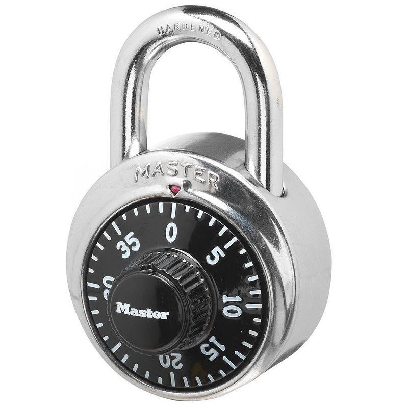 slide 1 of 4, Master Lock 1-7/8" Black Dial Combination Padlock: Silver, Pin-Tumbler, Locker Lock, Automatic Lock Scramble, 1 ct