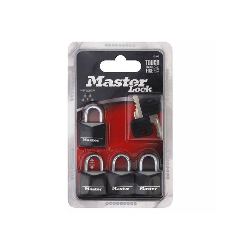 slide 3 of 3, Master Lock 4pk 20mm Key Padlock Black: Brass & Steel, Pin-Tumbler, Luggage & Backpack Locks, 11mm Shackle Length, 4 ct