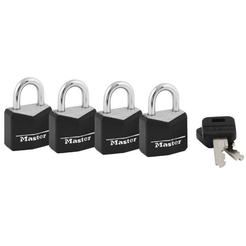 slide 1 of 3, Master Lock 4pk 20mm Key Padlock Black: Brass & Steel, Pin-Tumbler, Luggage & Backpack Locks, 11mm Shackle Length, 4 ct
