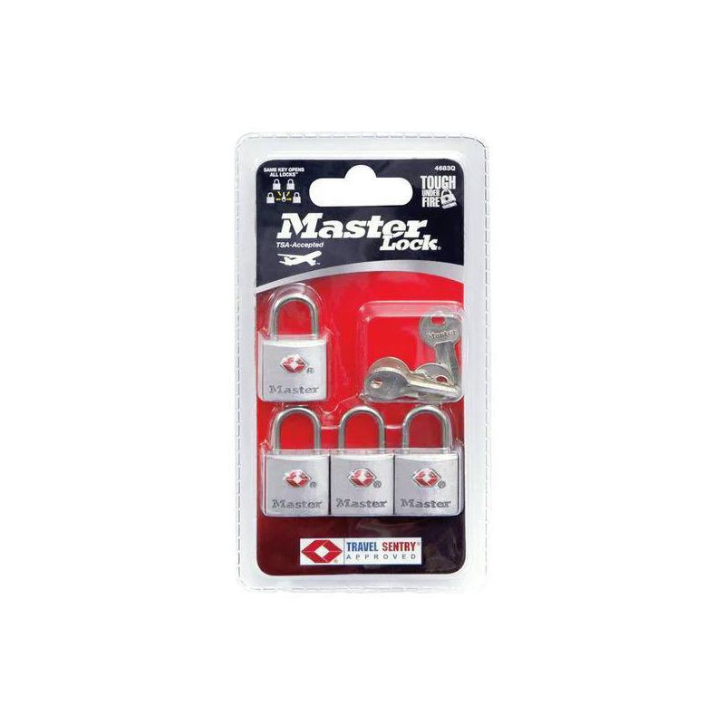slide 3 of 3, Master Lock 4pk 22mm Key Lock: Silver Pin-Tumbler Padlocks for Luggage, Automatic Locking, Steel, Lifetime Warranty, 4 ct