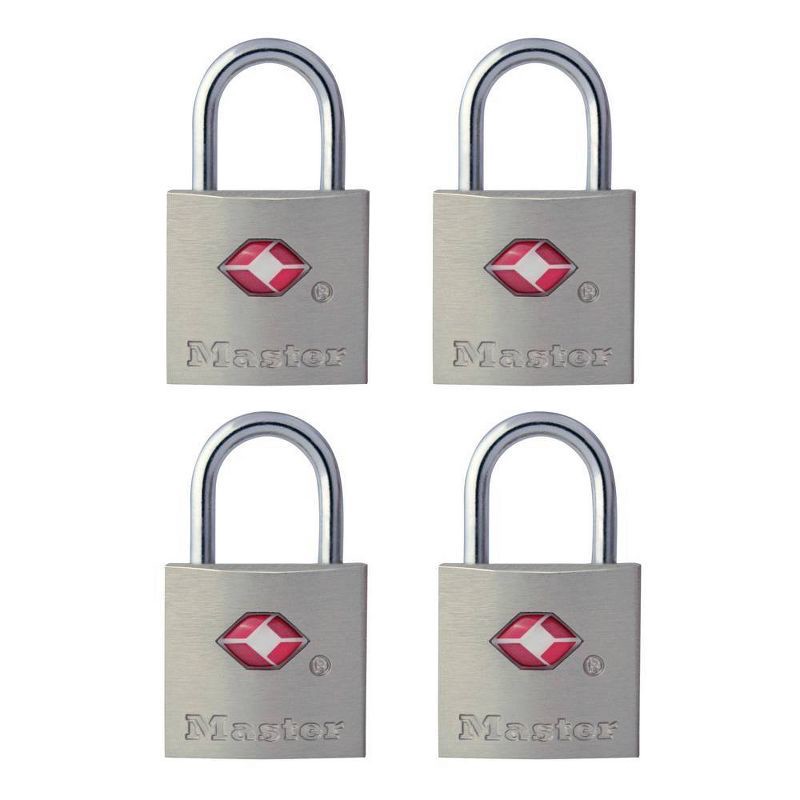 slide 1 of 3, Master Lock 4pk 22mm Key Lock: Silver Pin-Tumbler Padlocks for Luggage, Automatic Locking, Steel, Lifetime Warranty, 4 ct