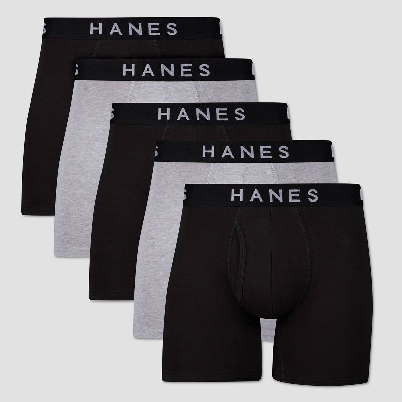 slide 1 of 9, Hanes Premium Men's Boxer Briefs 5pk - Black/Gray M: Tagless, Lightweight Cotton Blend, Full Waistband Elastic, Machine Washable, 5 ct