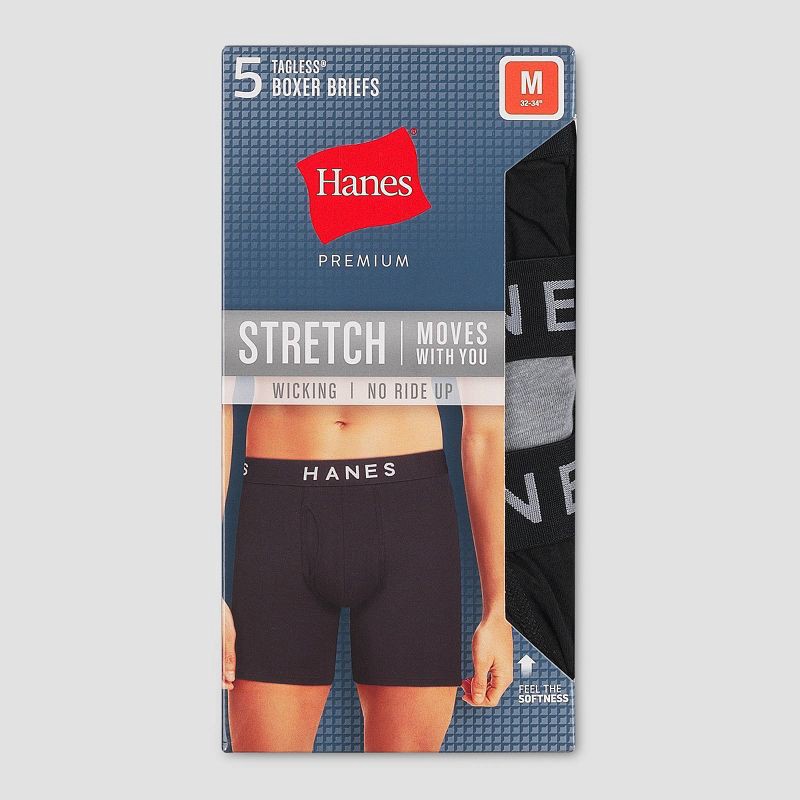 slide 5 of 9, Hanes Premium Men's Boxer Briefs 5pk - Black/Gray XL: Tagless, Lightweight Cotton Blend, Full Waistband Elastic, Machine Washable, 5 ct