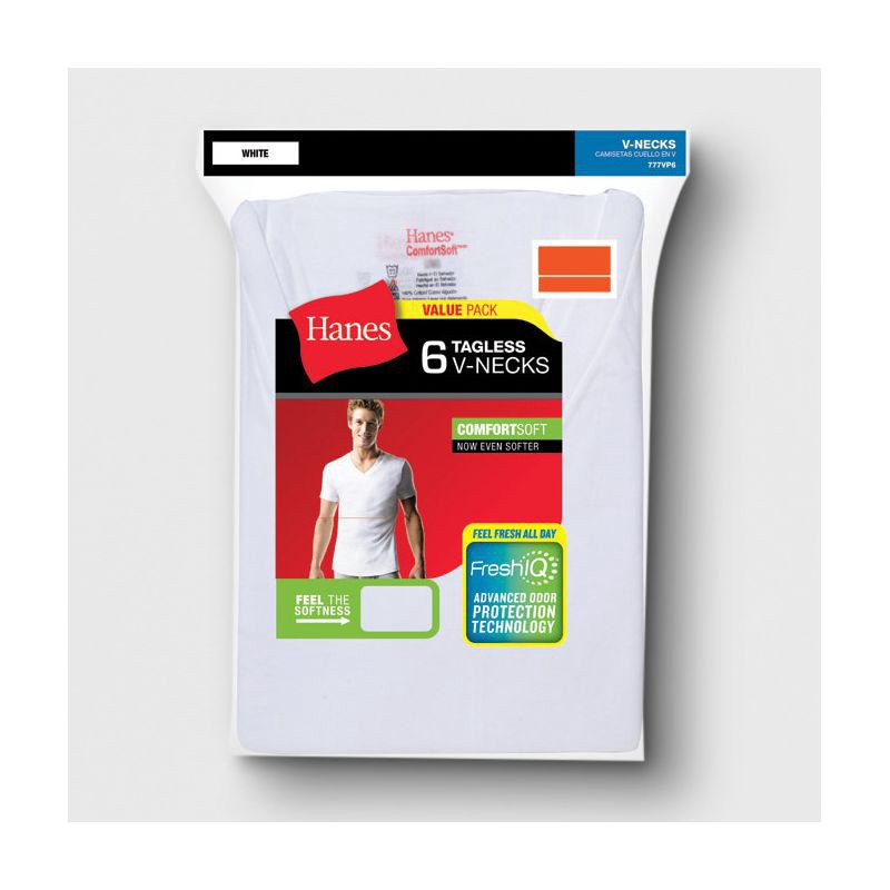 slide 5 of 8, Hanes Men's 6pk V Neck T-Shirt - White - M: Tagless, Moisture Wicking, Breathable Cotton Undershirts, 6 ct