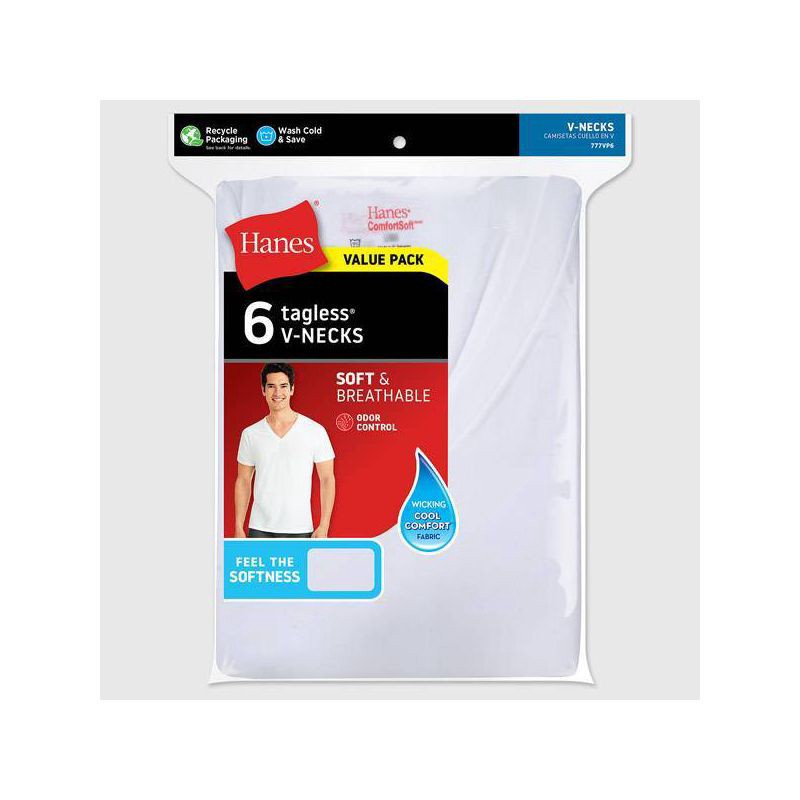 slide 2 of 8, Hanes Men's 6pk V-Neck T-Shirt - White - L: Tagless, Moisture Wicking, Breathable Cotton,, 6 ct