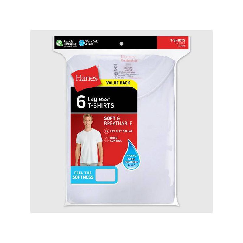 slide 5 of 6, Hanes Men's Crewneck T-Shirt 6pk - White S: Tagless, Moisture Wicking, 6 ct