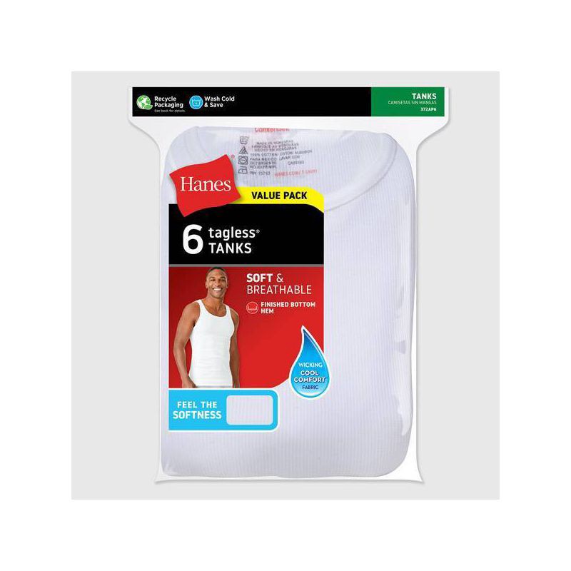 slide 6 of 8, Hanes Men's 6pk Tanks - White L: Sleeveless Undershirts, Moisture Wicking, Tagless, Pullover Style, 6 ct