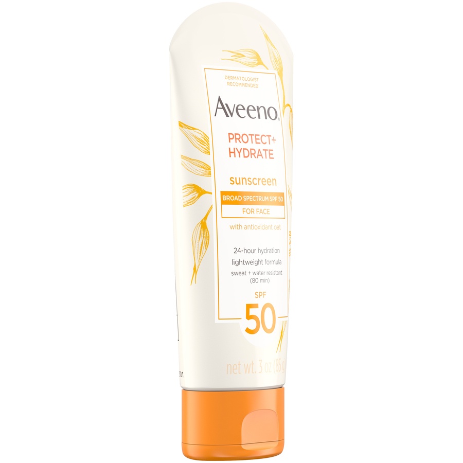 slide 2 of 6, Aveeno Protect + Hydrate Lotion Sunscreen With Broad Spectrum For Face Sweat Resistant SPF 50, 3 oz