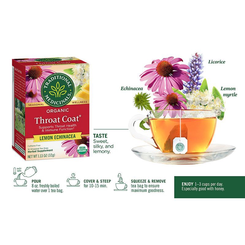 slide 11 of 13, Traditional Medicinals Organic Throat Coat Lemon Echinacea Herbal Tea - 16ct, 16 ct