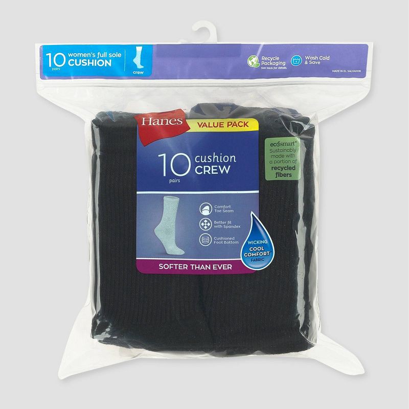slide 3 of 3, Hanes Women's 10pk Cushioned Crew Socks - Black/White 5-9: Midweight, Reinforced Heel & Toe, 10 ct