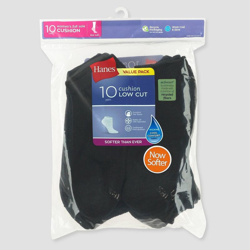 slide 3 of 3, Hanes Women's 10pk Cushioned Low Cut Socks - Black 5-9: Knit, Reinforced Heel & Toe, 10 ct