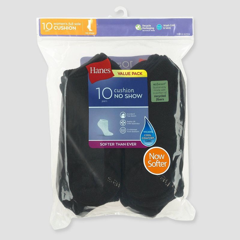 slide 3 of 3, Hanes Women's 10pk Cushioned No Show Socks - Black 5-9, 10 ct