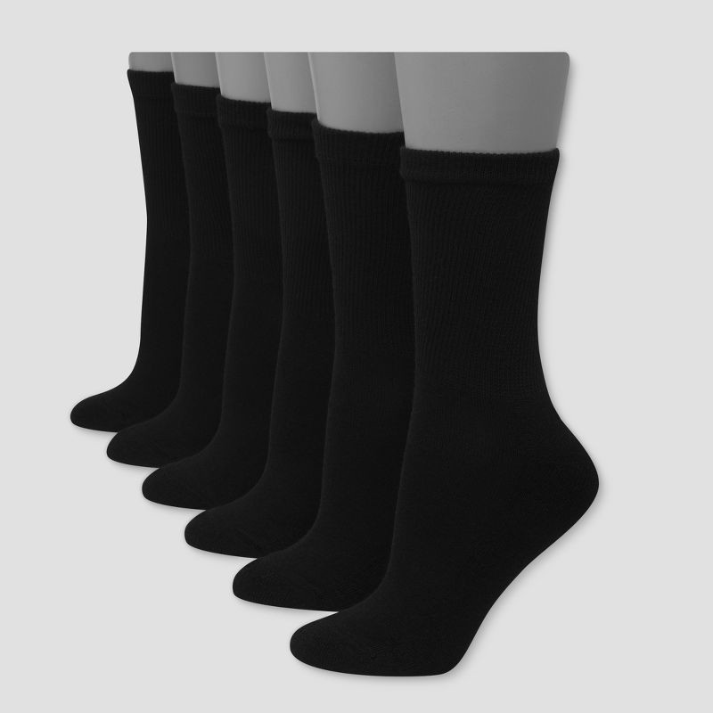 slide 1 of 2, Hanes Premium Women's 6pk Cushioned Crew Socks - Black 5-9: Midweight Knit, Banded Cuff, 6 ct