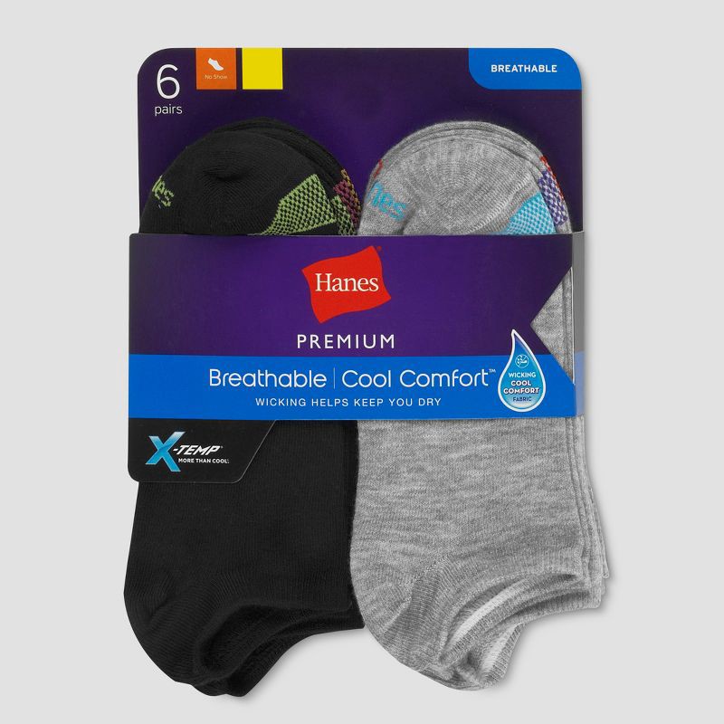 slide 2 of 3, Hanes Premium Women's Cool Comfort Lightweight 6pk No Show Socks - Black/Gray 5-9, 6 ct