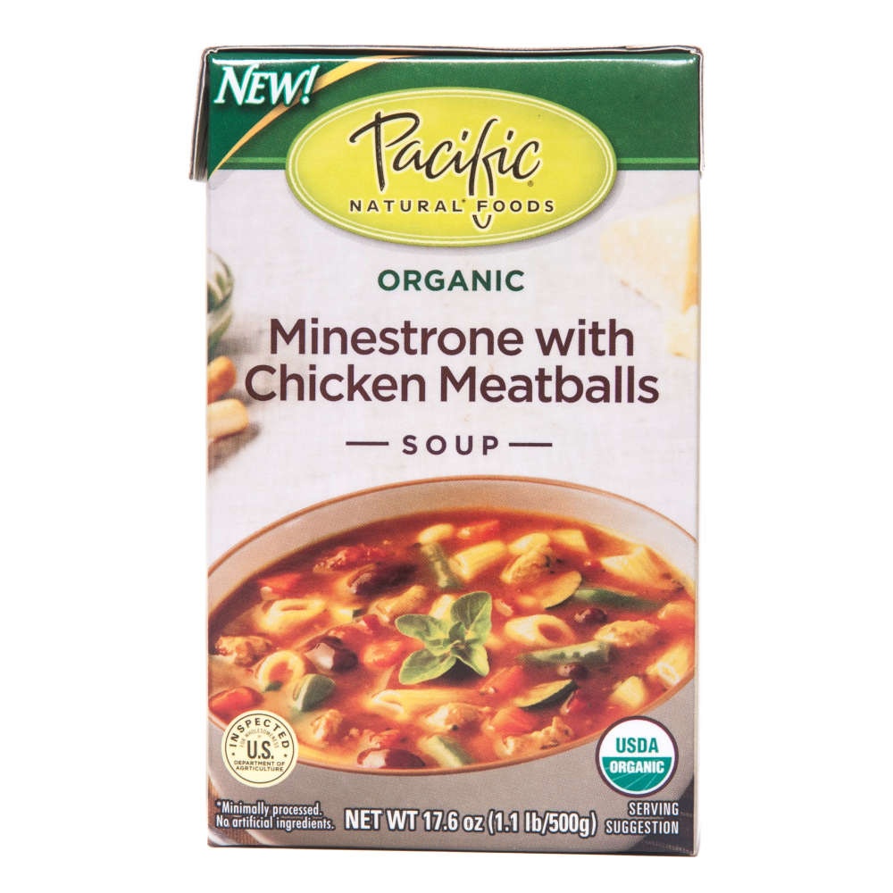 slide 1 of 4, Pacific Foods Of Oregon Inc Pacific Organic Minestrone With Chicken Meatballs Soup, 17.6 oz