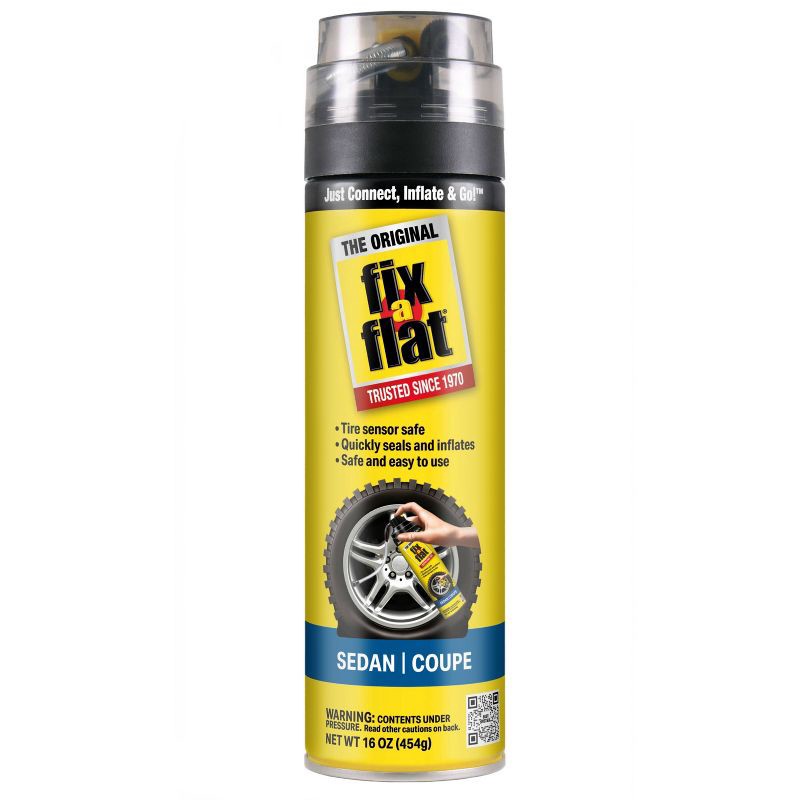 slide 1 of 6, Fix-a-Flat 16oz Sedan and Coupe Tire Inflator: Automotive Accessories, Metal, 90-Day Warranty, Clear, 1.25 lbs, 16 oz, 1.25 lb