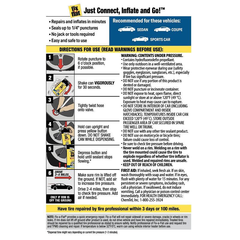 slide 6 of 6, Fix-a-Flat 16oz Sedan and Coupe Tire Inflator: Automotive Accessories, Metal, 90-Day Warranty, Clear, 1.25 lbs, 16 oz, 1.25 lb