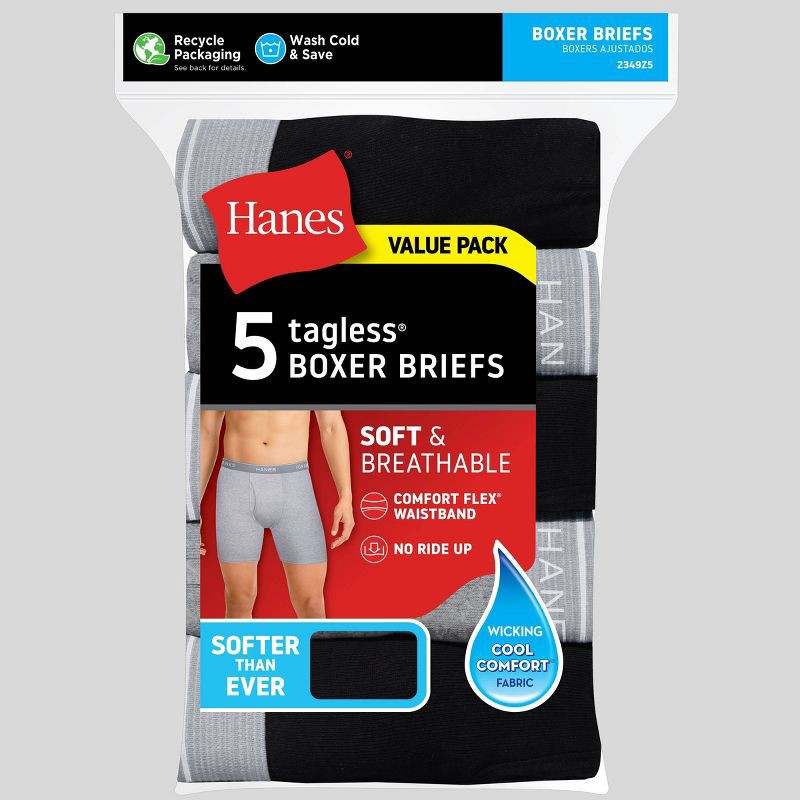 slide 2 of 10, Hanes Men's Boxer Briefs 5pk - Black/Gray S: Tagless, Moisture Wicking, Breathable, Lightweight Fabric, 5 ct