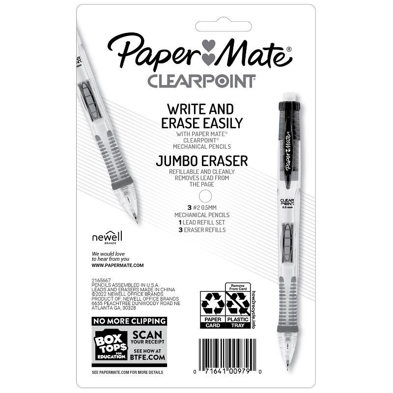slide 9 of 9, Paper Mate Clear Point 3pk #2 Mechanical Pencils with Eraser & Refill 0.5mm Green/Blue/Purple: School Supplies, Plastic, 3 ct
