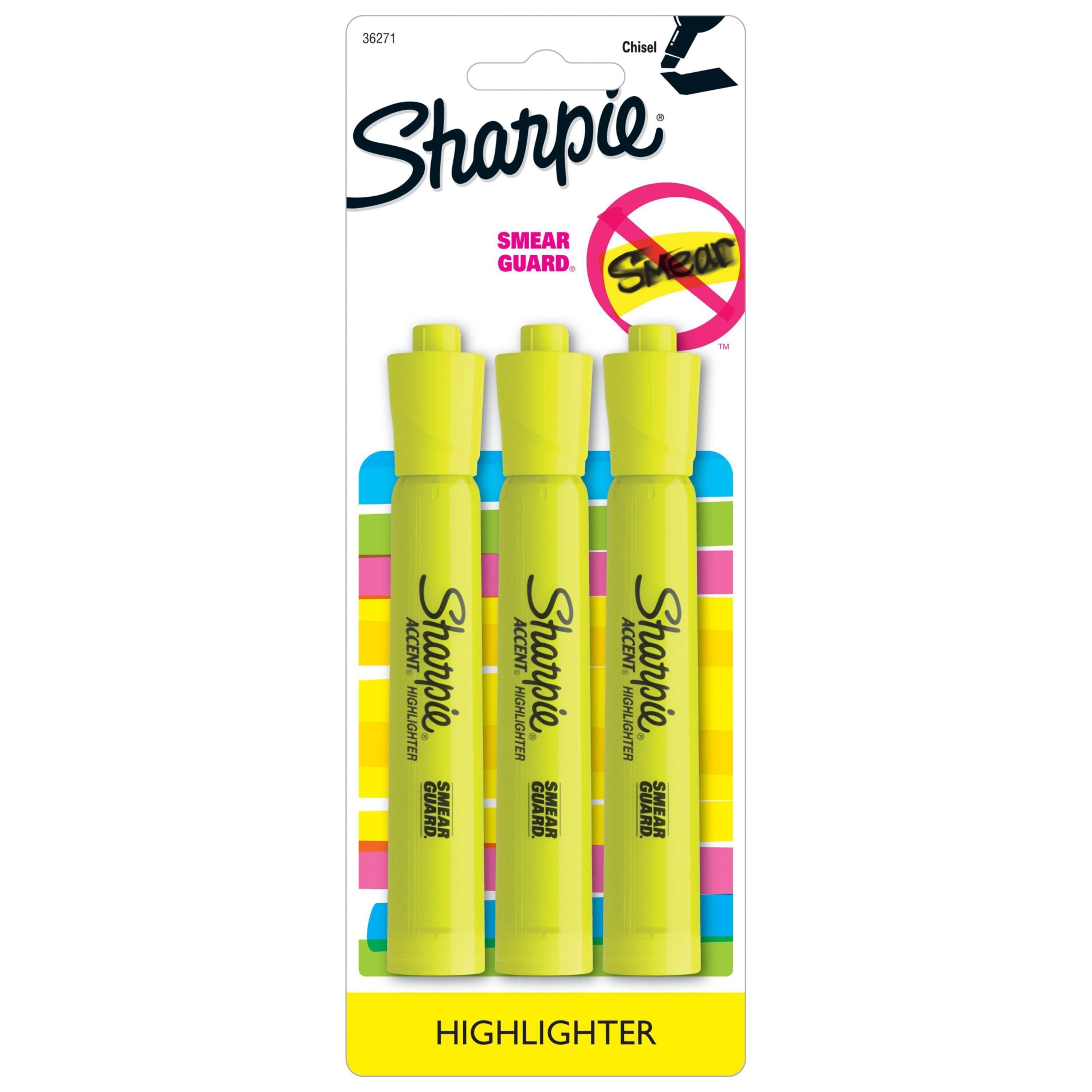 slide 1 of 4, Sharpie Highlighters Smear Guard Chisel Tip Neon Yellow, 3 ct