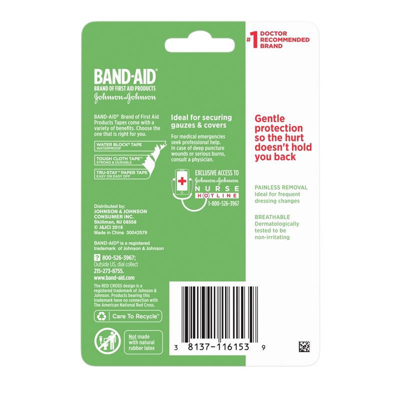 slide 2 of 15, Johnson & Johnson Band-Aid Brand First Aid Hurt-Free Medical Paper Tape - 1in x 10 yd, 1 ct