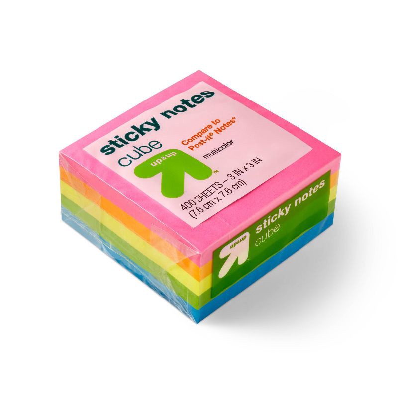 slide 2 of 2, Sticky Notes Cube 3" x 3" Multicolor - up&up™: 400 Sheets, Office Supplies, Uncoated Paper, Glue Binding, 400 ct