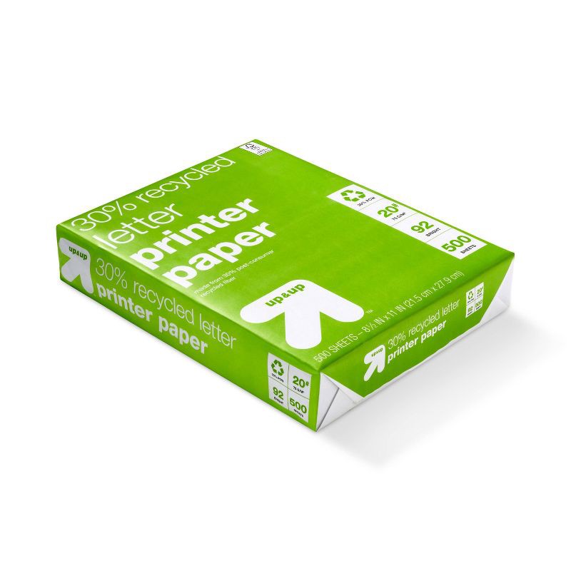 slide 2 of 3, Recycled Printer Paper Letter Size 20lb 500ct White - up&up™: 30% Recycled, 8.5x11 Inches, 92 Brightness, 500 Sheets, 20 lb, 500 ct, 500 sheets