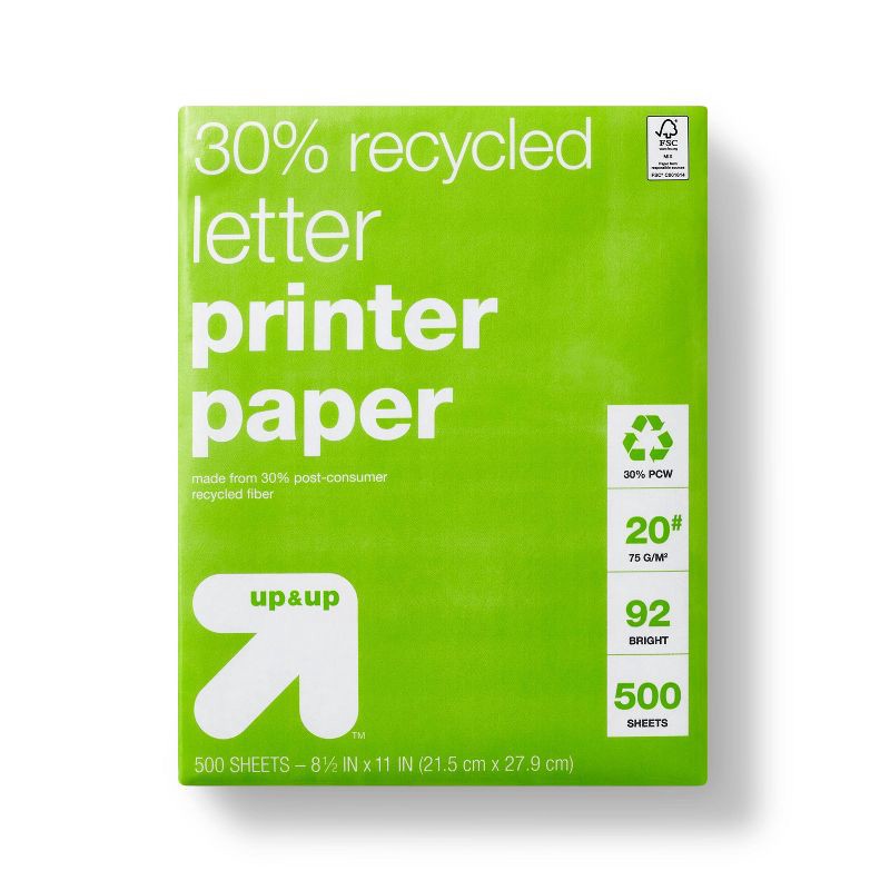 slide 1 of 3, Recycled Printer Paper Letter Size 20lb 500ct White - up&up™: 30% Recycled, 8.5x11 Inches, 92 Brightness, 500 Sheets, 20 lb, 500 ct, 500 sheets