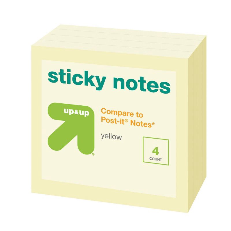 slide 2 of 3, Sticky Notes Cube 3" x 3" 4ct Yellow - up&up™: 400 Sheets, Multicolor, Office Supplies, Uncoated Paper, 4 ct, 400 sheets